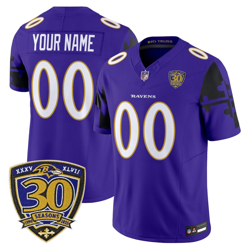 Nike Baltimore Ravens Custom 'Maryland Flag Edition' Vapor Limited Stitched Jersey - Purple - 30th Anniversary Patch