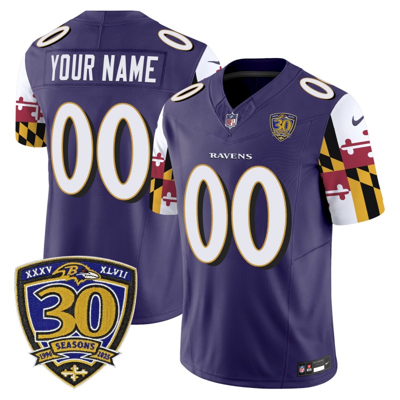 Baltimore Ravens Custom 'Maryland Flag Edition' Nike Vapor Limited Stitched Jersey - 30th Anniversary Patch - Purple