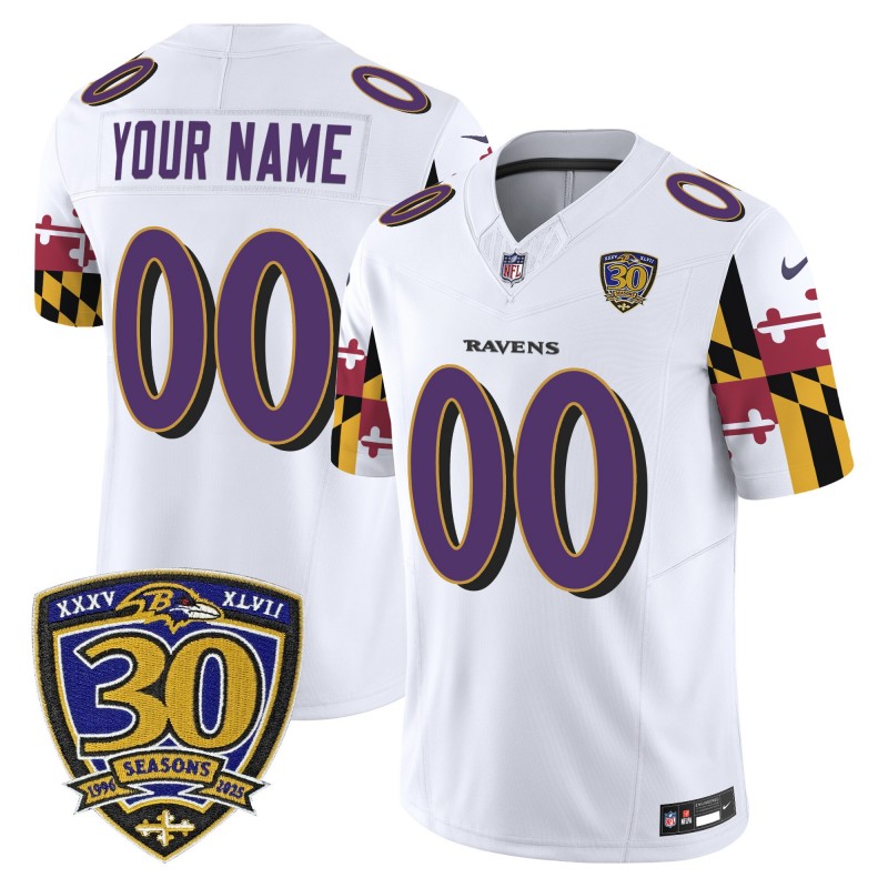 Baltimore Ravens Custom 'Maryland Flag Edition' Nike Vapor Limited Stitched Jersey - 30th Anniversary Patch - White