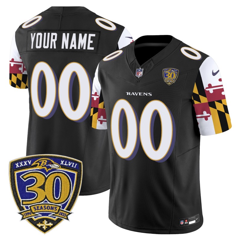 Baltimore Ravens Custom 'Maryland Flag Edition' Nike Vapor Limited Stitched Jersey - 30th Anniversary Patch - Black