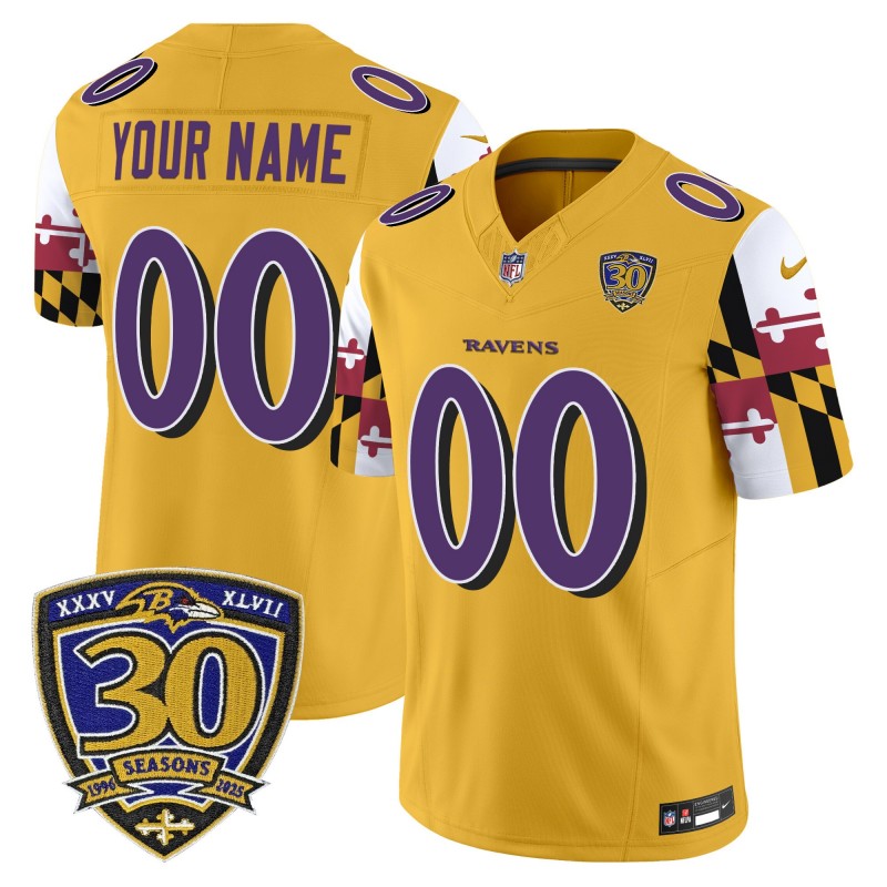 Baltimore Ravens Custom 'Maryland Flag Edition' Nike Vapor Limited Stitched Jersey - 30th Anniversary Patch - Gold