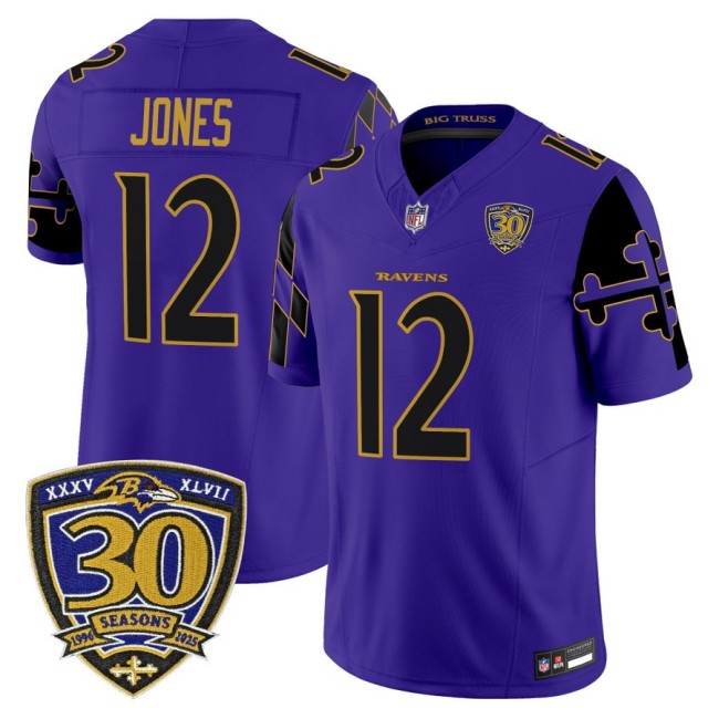 Men's Baltimore Ravens #12 Jacoby Jones Purple Limited 'Maryland Flag Edition' Nike Vapor Limited NFL Jersey - 30th Anniversary Patch