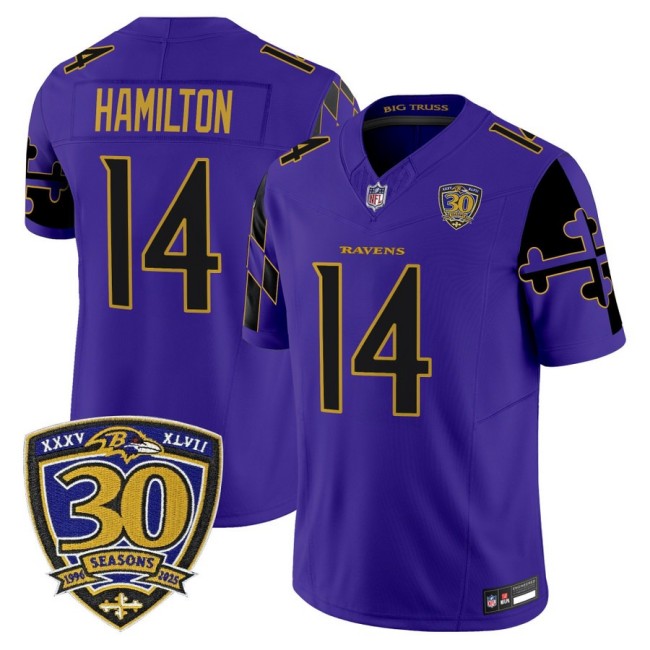 Men's Baltimore Ravens #14 Kyle Hamilton Purple Limited 'Maryland Flag Edition' Nike Vapor Limited NFL Jersey - 30th Anniversary Patch