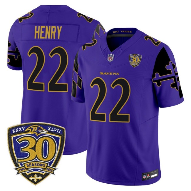 Men's Baltimore Ravens #22 Derrick Henry Purple Limited 'Maryland Flag Edition' Nike Vapor Limited NFL Jersey - 30th Anniversary Patch
