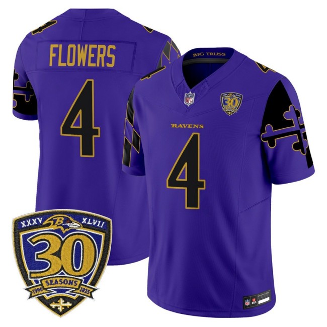 Men's Baltimore Ravens #4 Zay Flowers Purple Limited 'Maryland Flag Edition' Nike Vapor Limited NFL Jersey - 30th Anniversary Patch