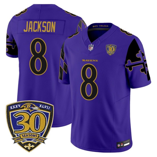 Men's Baltimore Ravens #8 Lamar Jackson Purple Limited 'Maryland Flag Edition' Nike Vapor Limited NFL Jersey - 30th Anniversary Patch