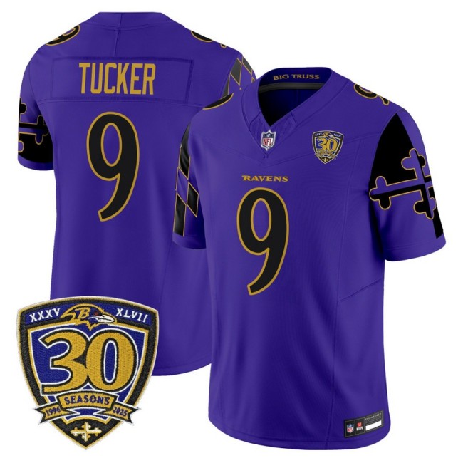 Men's Baltimore Ravens #9 Justin Tucker Purple Limited 'Maryland Flag Edition' Nike Vapor Limited NFL Jersey - 30th Anniversary Patch