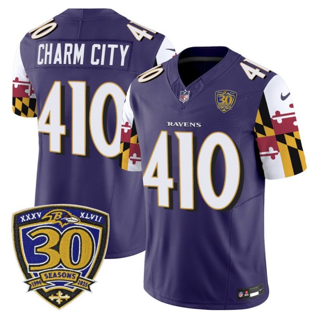 Men's Baltimore Ravens 410 Charm City Purple 'Maryland Flag Edition' Nike Vapor Limited NFL Jersey - 30th Anniversary Patch