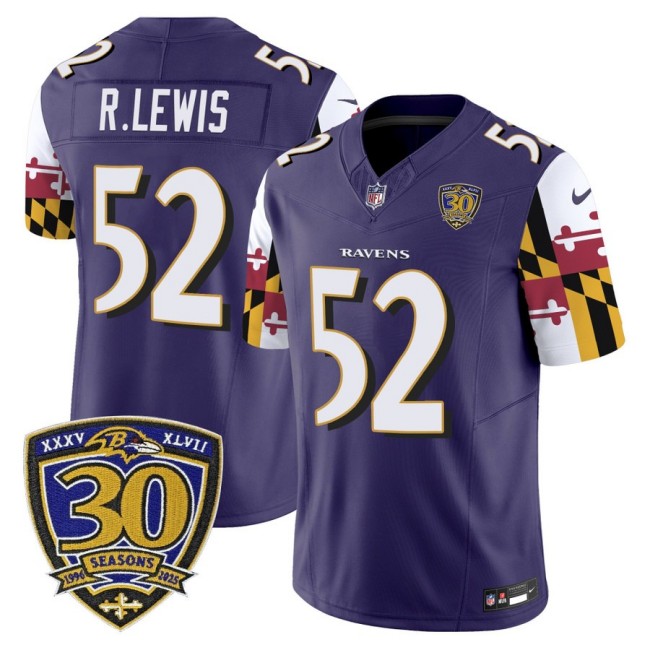 Men's Baltimore Ravens #52 Ray Lewis Purple 'Maryland Flag Edition' Nike Vapor Limited NFL Jersey - 30th Anniversary Patch.