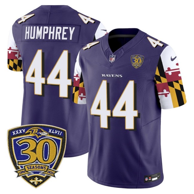 Men's Baltimore Ravens #44 Marlon Humphrey Purple 'Maryland Flag Edition' Nike Vapor Limited NFL Jersey - 30th Anniversary Patch.