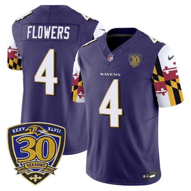 Men's Baltimore Ravens #4 Zay Flowers Purple 'Maryland Flag Edition' Nike Vapor Limited NFL Jersey - 30th Anniversary Patch