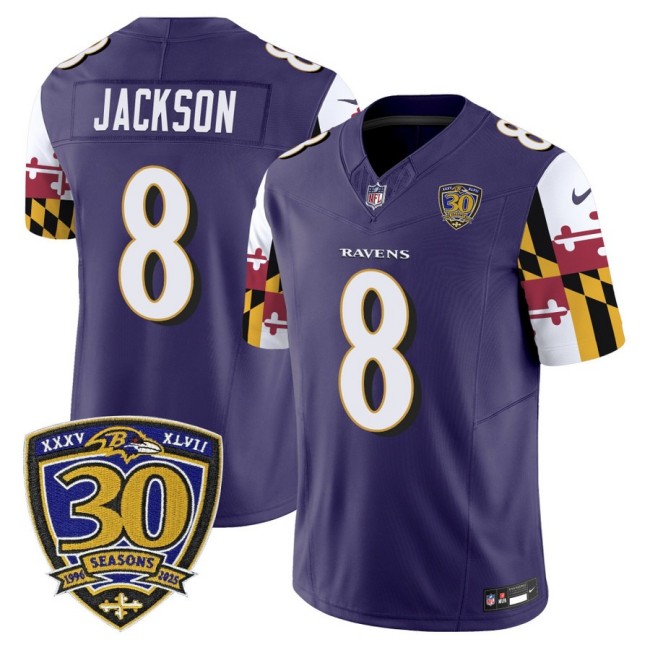Men's Baltimore Ravens #8 Lamar Jackson Purple 'Maryland Flag Edition' Nike Vapor Limited NFL Jersey - 30th Anniversary Patch.