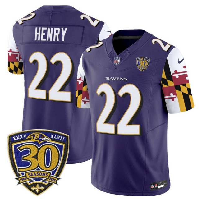 Men's Baltimore Ravens #22 Derrick Henry Purple 'Maryland Flag Edition' Nike Vapor Limited NFL Jersey - 30th Anniversary Patch