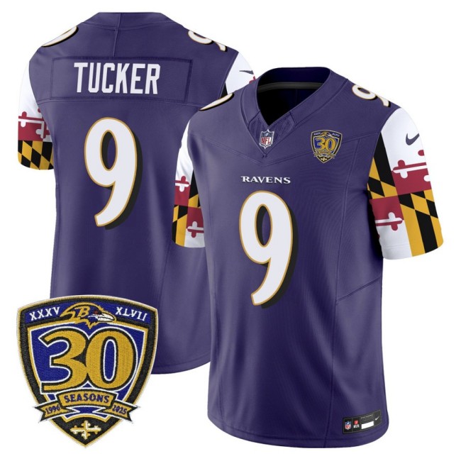 Men's Baltimore Ravens #9 Justin Tucker Purple 'Maryland Flag Edition' Nike Vapor Limited NFL Jersey - 30th Anniversary Patch.