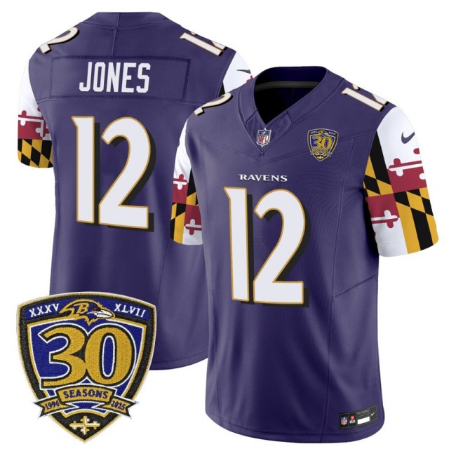 Men's Baltimore Ravens #12 Jacoby Jones Purple 'Maryland Flag Edition' Nike Vapor Limited NFL Jersey - 30th Anniversary Patch.