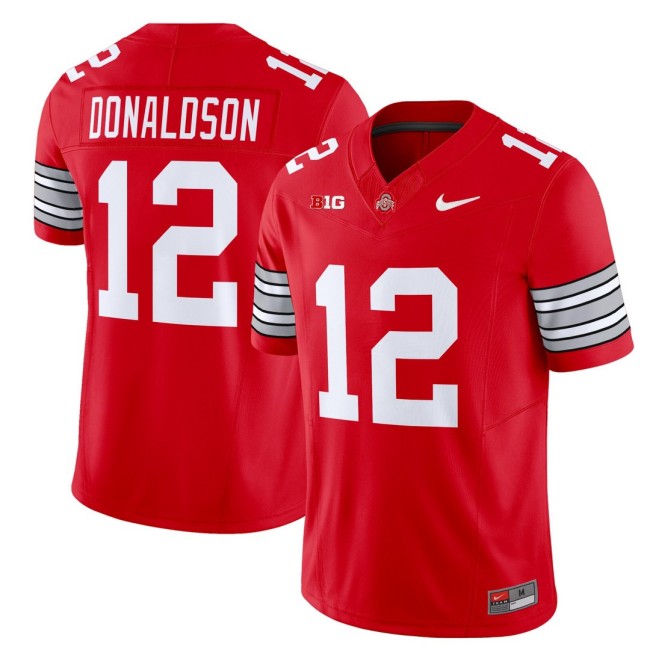Men's Ohio State Buckeyes #12 CJ Donaldson Scarlet 'Heritage Stripe' Nike 2025-26 Vapor Limited Football Jersey