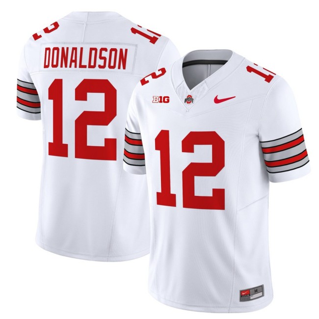 Men's Ohio State Buckeyes #12 CJ Donaldson White 'Heritage Stripe' Nike 2025-26 Vapor Limited Football Jersey