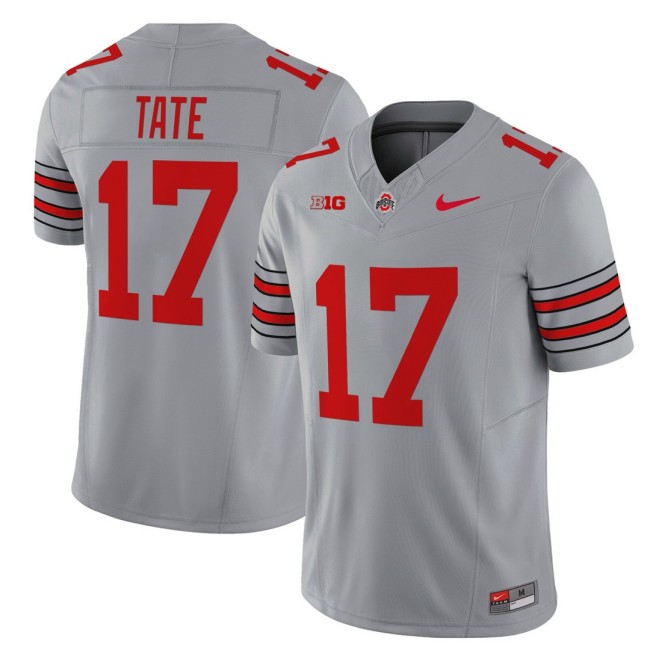 Men's Ohio State Buckeyes #17 Carnell Tate 'Heritage Stripe' Nike 2025-26 Vapor Limited Football Jersey - Grey