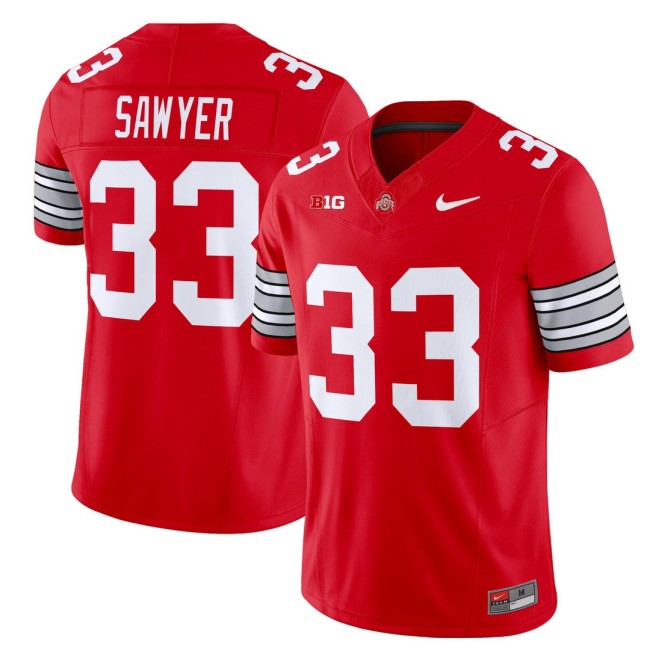 Men's Ohio State Buckeyes #33 Jack Sawyer 'Heritage Stripe' Nike 2025-26 Vapor Limited Football Jersey - Scarlet