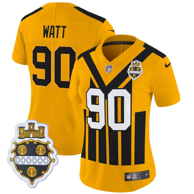 WMNS Pittsburgh Steelers #90 T. J. Watt Gold Nike Alternate 1933 Throwback FUSE Limited Jersey