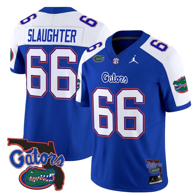 Men's Florida Gators #66 Jake Slaughter 2025 FUSE Vapor Limited Jordan Brand SEC Football Jersey Royal Alternate - Florida Patch