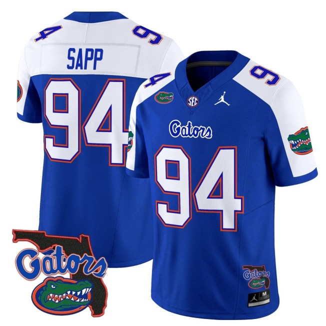 Men's Florida Gators #94 Tyreak Sapp 2025 FUSE Vapor Limited Jordan Brand SEC Football Jersey Royal Alternate - Florida Patch