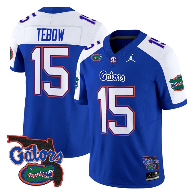 Men's Florida Gators #15 Tim Tebow 2025 FUSE Vapor Limited Jordan Brand SEC Football Jersey Royal Alternate - Florida Patch