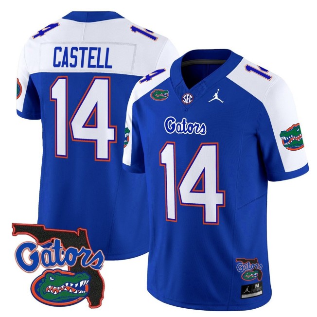Men's Florida Gators #14 Jordan Castell 2025 FUSE Vapor Limited Jordan Brand SEC Football Jersey Royal Alternate - Florida Patch