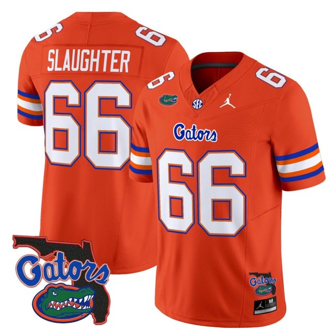 Men's Florida Gators #66 Jake Slaughter Orange 2025 FUSE Vapor Limited Jordan Brand NCAA Football Jersey - Florida Patch