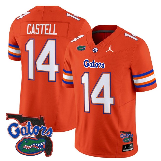 Men's Florida Gators #14 Jordan Castell Orange 2025 FUSE Vapor Limited Jordan Brand NCAA Football Jersey - Florida Patch