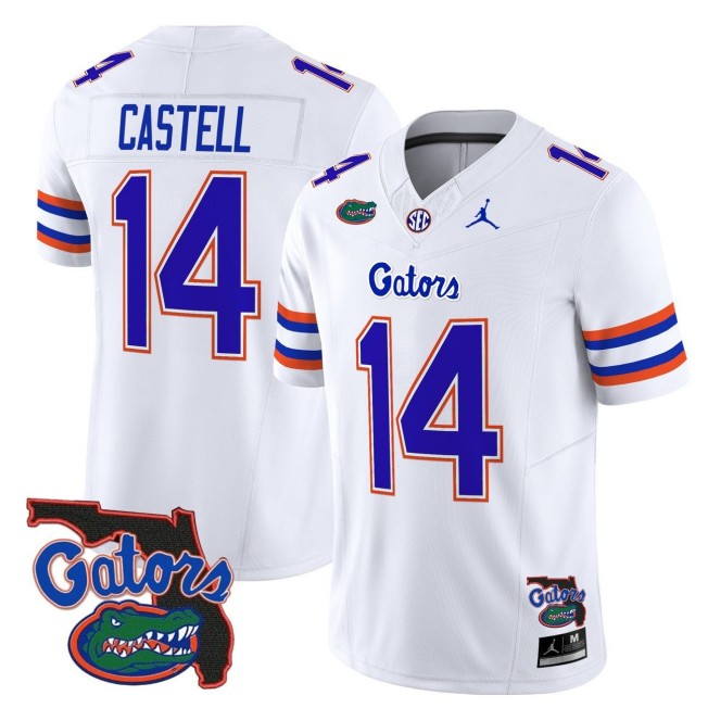 Men's Florida Gators #14 Jordan Castell White 2025 FUSE Vapor Limited NCAA Football Jordan Brand Jersey - Florida Patch