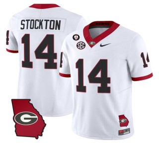 Men's Georgia Bulldogs #14 Gunner Stockton White 2025 FUSE Nike Georgia Map & Vince Dooley Patch Vapor Limited Stitched Football Jersey