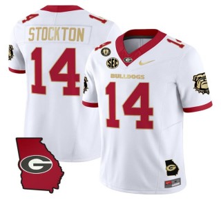 Men's Georgia Bulldogs #14 Gunner Stockton White Gold 2025 FUSE Nike Georgia Map & Vince Dooley Patch Vapor Limited Stitched Football Jersey