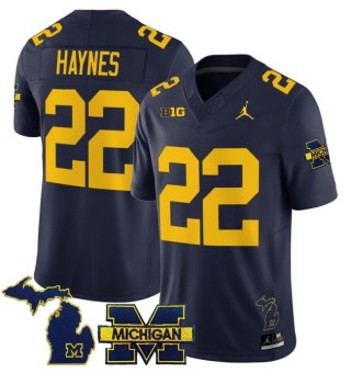 Men's Michigan Wolverines #22 Justice Haynes Navy 2025 FUSE Limited Stitched Football Jersey - With Team & MI State Map Patch