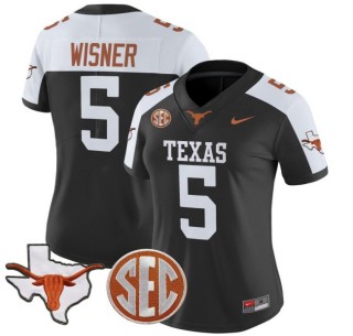 Women's Texas Longhorns #5 Quintrevion Wisner Nike 2025 Vapor Limited Stitched Football Jersey Black Alternate - With TX State Map & SEC Patch