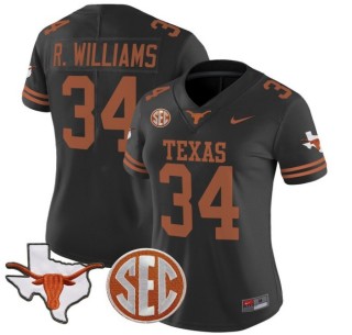Women's Texas Longhorns #34 Ricky Williams Black Nike 2025 Vapor Limited Stitched Football Jersey - With TX State Map & SEC Patch