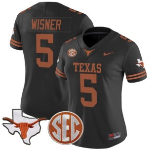 Women's Texas Longhorns #5 Quintrevion Wisner Black Nike 2025 Vapor Limited Stitched Football Jersey - With TX State Map & SEC Patch