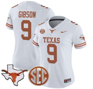 Women's Texas Longhorns #9 Jerrick Gibson White Nike 2025 Vapor Limited Stitched Football Jersey - With TX State Map & SEC Patch