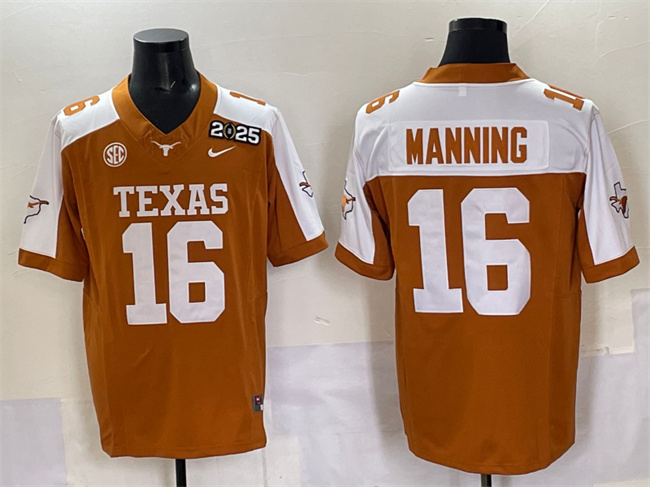 Men's Texas Longhorns #16 Arch Manning Orange White Nike 2025 CFP Final SEC Patch FUSE Limited Stitched Football Jersey