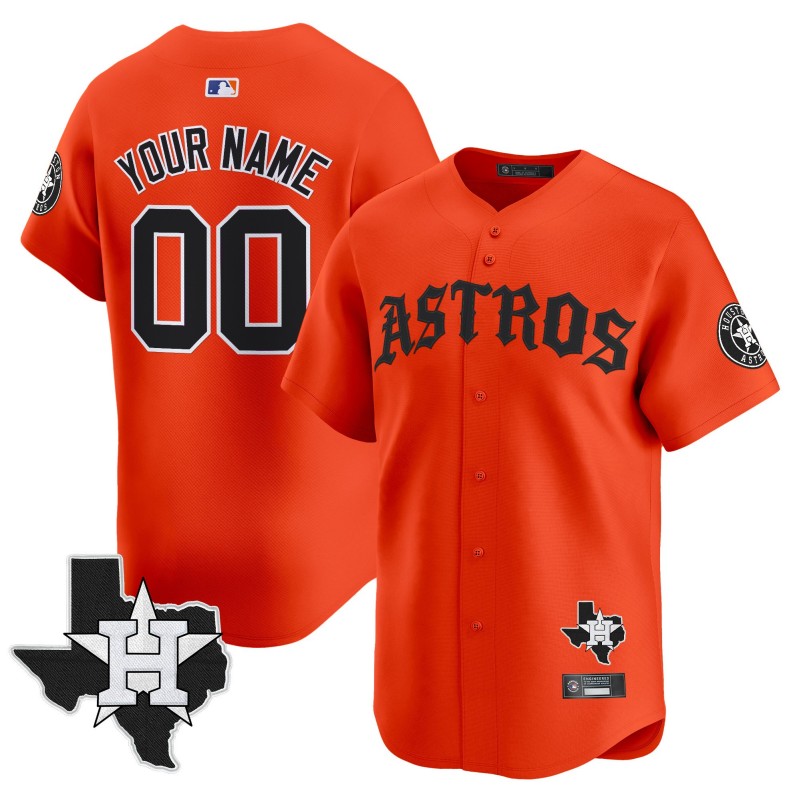 Houston Astros Custom 'Old English Edition' Orange Limited Stitched Baseball Jersey - State Map Patch