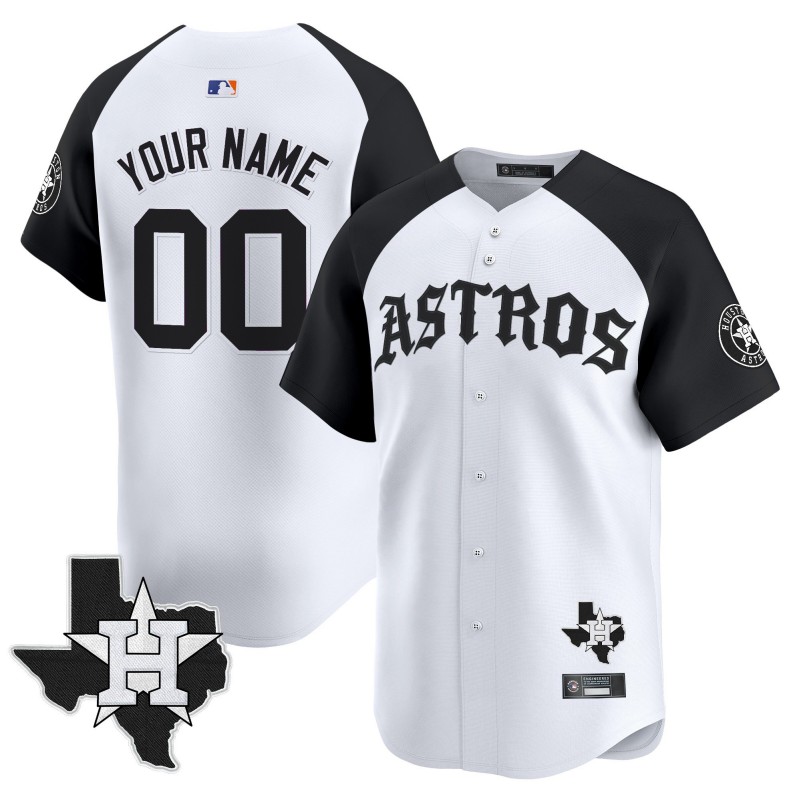 Houston Astros Custom 'Old English Edition' Limited Stitched Baseball Jersey White Black - State Map Patch