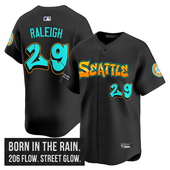 Men's Seattle Mariners #29 Cal Raleigh Black 2025 'Graffiti Emerald Drop Edition' Vapor Premier Limited Stitched Jersey