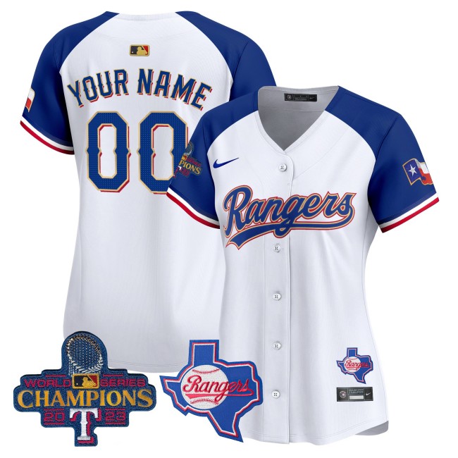 Texas Rangers Nike 2023 World Series Champions Gold Trim MLB Limited Custom Jersey - White Royal