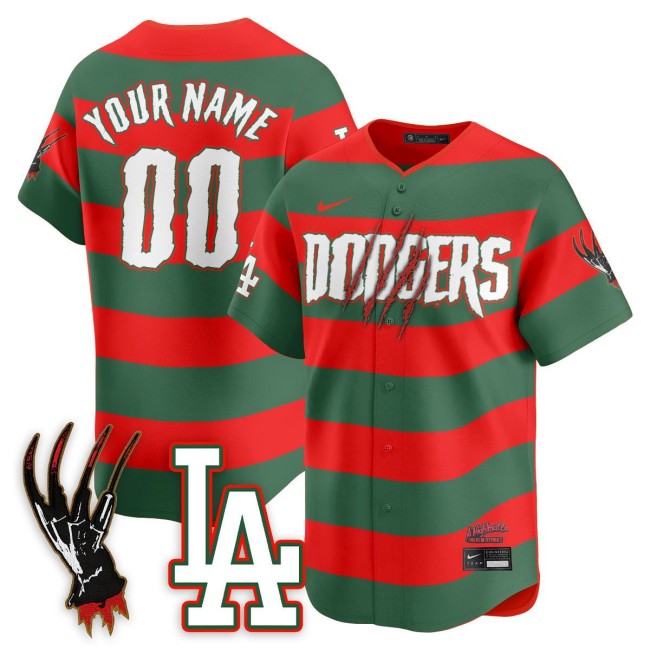 Los Angeles Dodgers 'A Nightmare on Elm Street' Custom Nike Stitched Baseball Jersey - Stripe Red Green