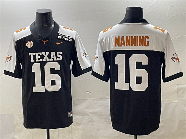 Men's Texas Longhorns #16 Arch Manning Black F.U.S.E. 2025 CFP Final With SEC Patch Stitched Jersey