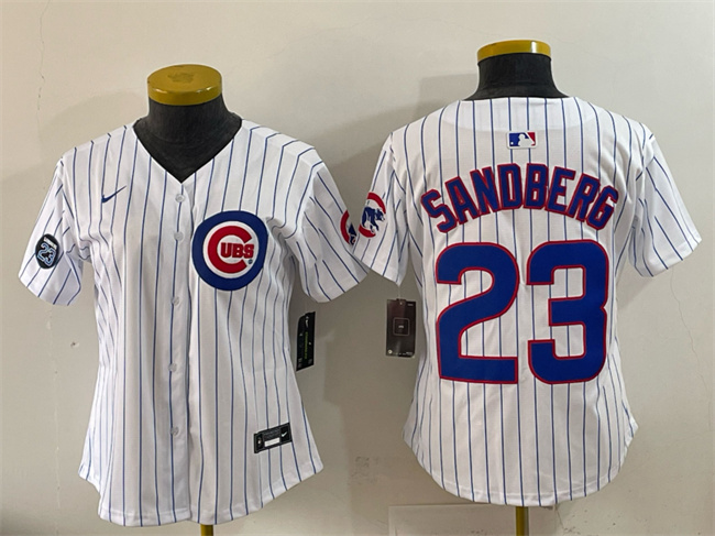 Women's Chicago Cubs #23 Ryne Sandberg White Pinstripe 'Ryne Sandberg Tribute' Vapor Limited V2 Stitched Baseball Jersey(Run Small)