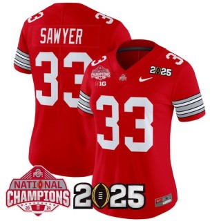 Women's Ohio State Buckeyes #33 Jack Sawyer 'Heritage Stripe' 2025 CFP Final With National Champions Patch Vapor Limited Jersey - Scarlet