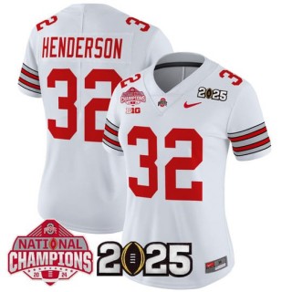 Women's Ohio State Buckeyes #32 Treveyon Henderson 'Heritage Stripe' 2025 CFP Final With National Champions Patch Vapor Limited Jersey - White
