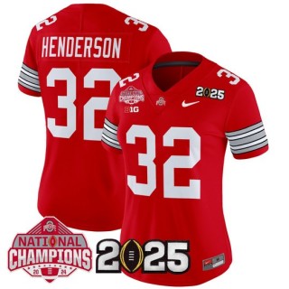 Women's Ohio State Buckeyes #32 Treveyon Henderson 'Heritage Stripe' 2025 CFP Final With National Champions Patch Vapor Limited Jersey - Scarlet