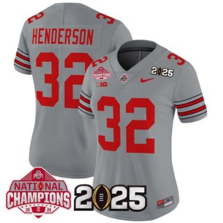 Women's Ohio State Buckeyes #32 Treveyon Henderson 'Heritage Stripe' 2025 CFP Final With National Champions Patch Vapor Limited Jersey - Gray